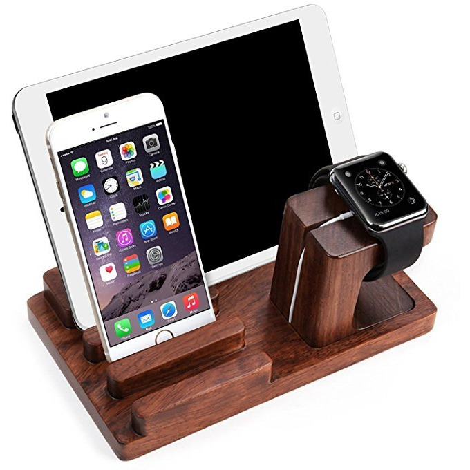 Winmaarc Wooden Phone Charging Station Dock, 3 in 1 Desktop Organizer Charging Stand Mount Cradle Holder, Pen Holder, Apple Watch & Iphone & Tablet & Ipad Holder