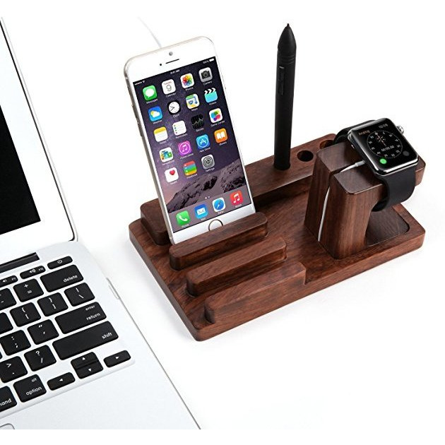 Winmaarc Wooden Phone Charging Station Dock, 3 in 1 Desktop Organizer Charging Stand Mount Cradle Holder, Pen Holder, Apple Watch & Iphone & Tablet & Ipad Holder