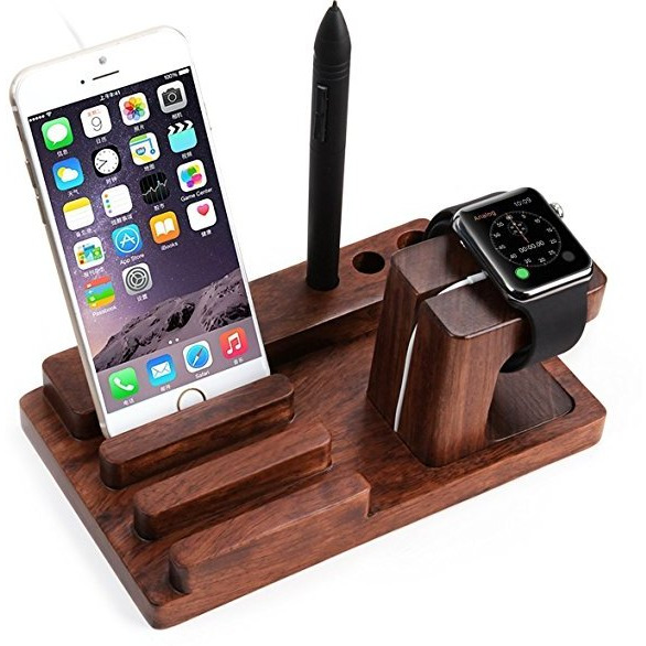 Winmaarc Wooden Phone Charging Station Dock, 3 in 1 Desktop Organizer Charging Stand Mount Cradle Holder, Pen Holder, Apple Watch & Iphone & Tablet & Ipad Holder