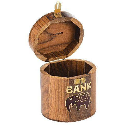 Winmaarc Wooden Money Box Counting Jar with Elephant Design & Secure Latch Piggy Bank