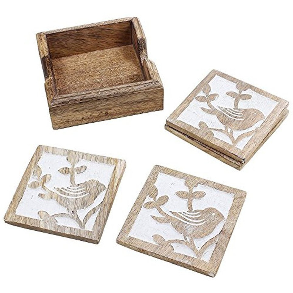 Winmaarc Wooden Square Coasters for Tea Coffee Beer Wine Glass Sparrow Motifs Design 4.5