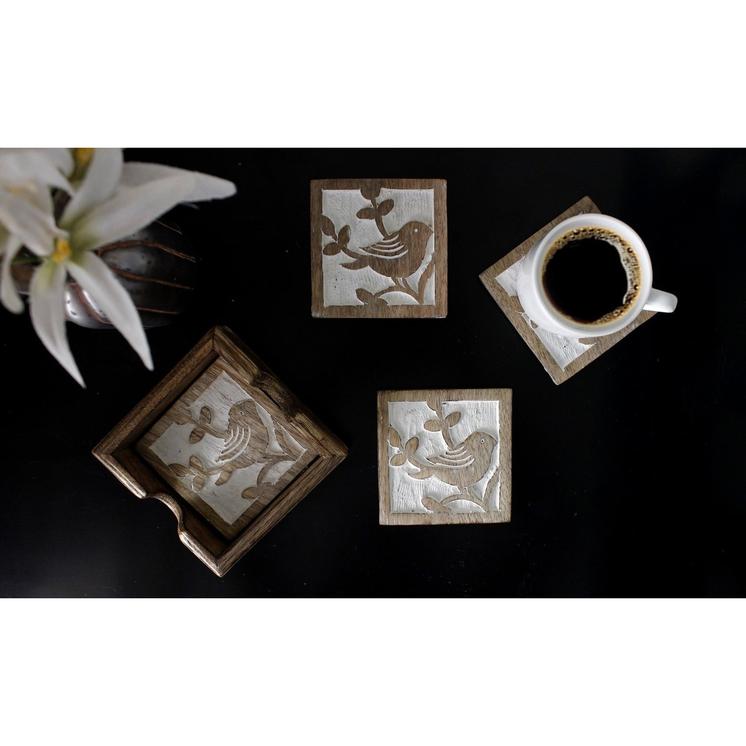 Winmaarc Wooden Square Coasters for Tea Coffee Beer Wine Glass Sparrow Motifs Design 4.5