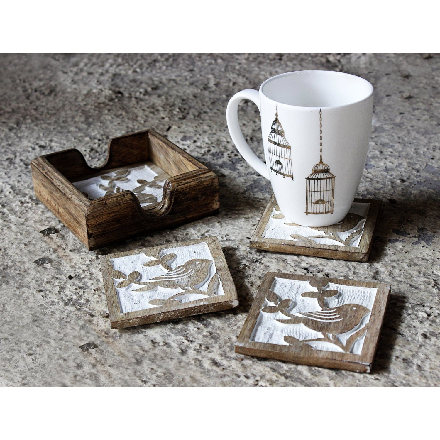 Winmaarc Wooden Square Coasters for Tea Coffee Beer Wine Glass Sparrow Motifs Design 4.5