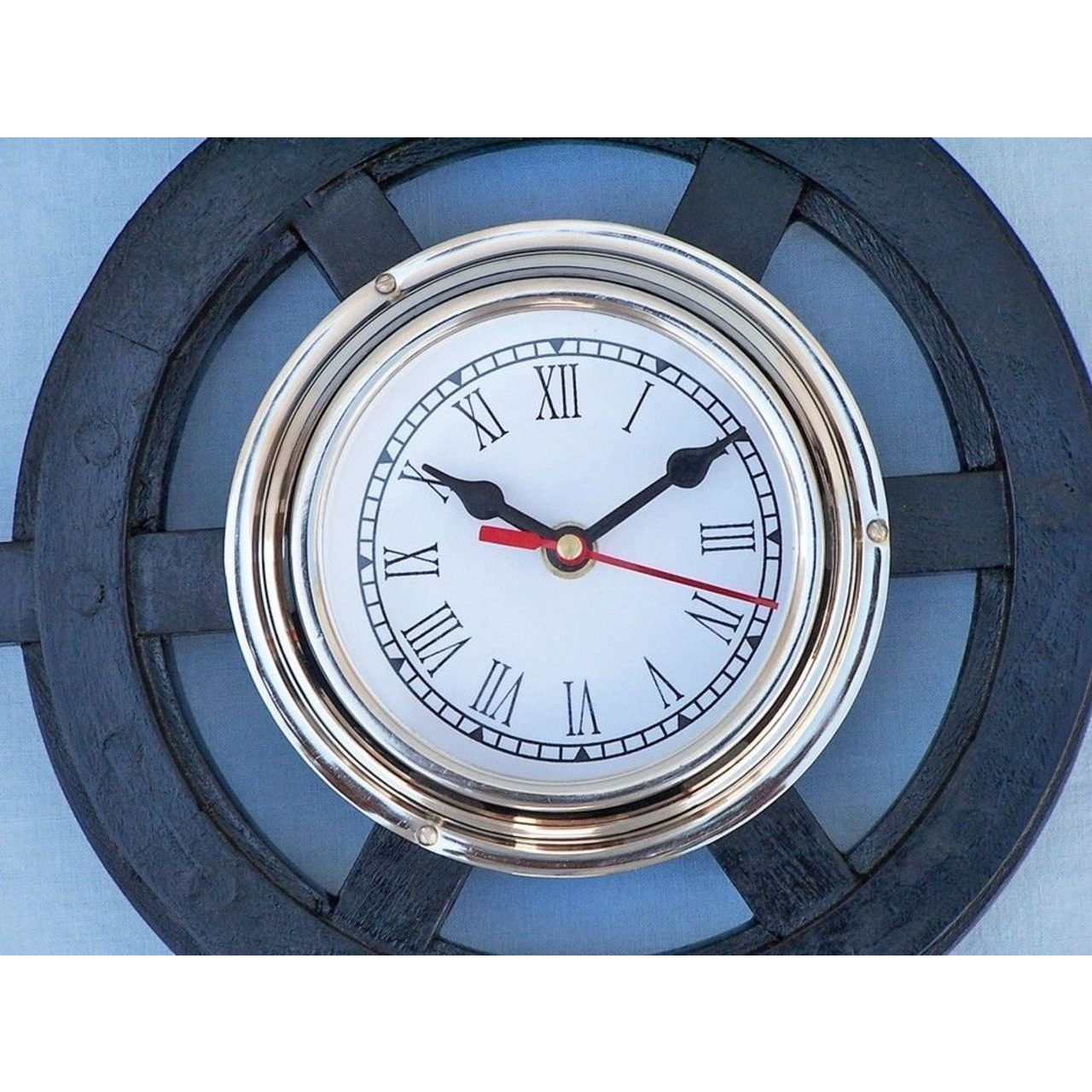 Winmaarc Wooden Handmade Deluxe Class Black Wood and Chrome Pirate Ship Wheel Clock 12