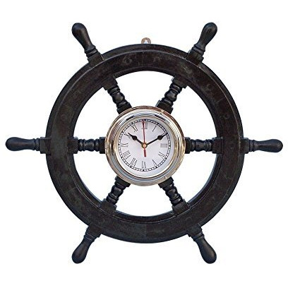 Winmaarc Wooden Handmade Deluxe Class Black Wood and Chrome Pirate Ship Wheel Clock 18
