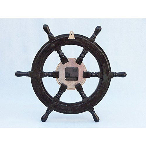 Winmaarc Wooden Handmade Deluxe Class Black Wood and Chrome Pirate Ship Wheel Clock 18