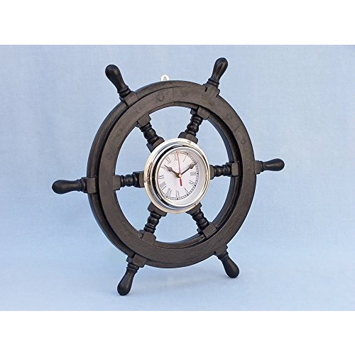 Winmaarc Wooden Handmade Deluxe Class Black Wood and Chrome Pirate Ship Wheel Clock 18