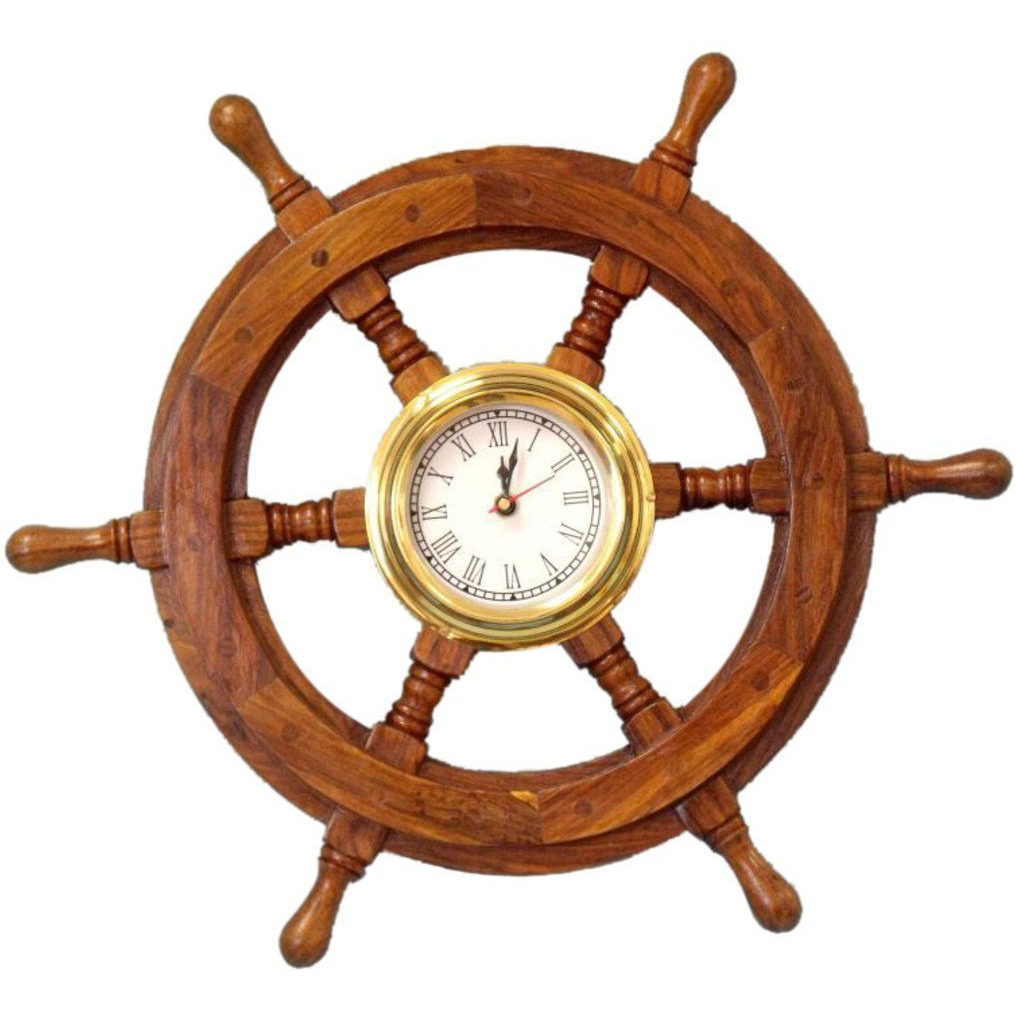 Winmaarc Wooden Handmade Deluxe Class Black Wood and Brass Pirate Ship Wheel Clock 18