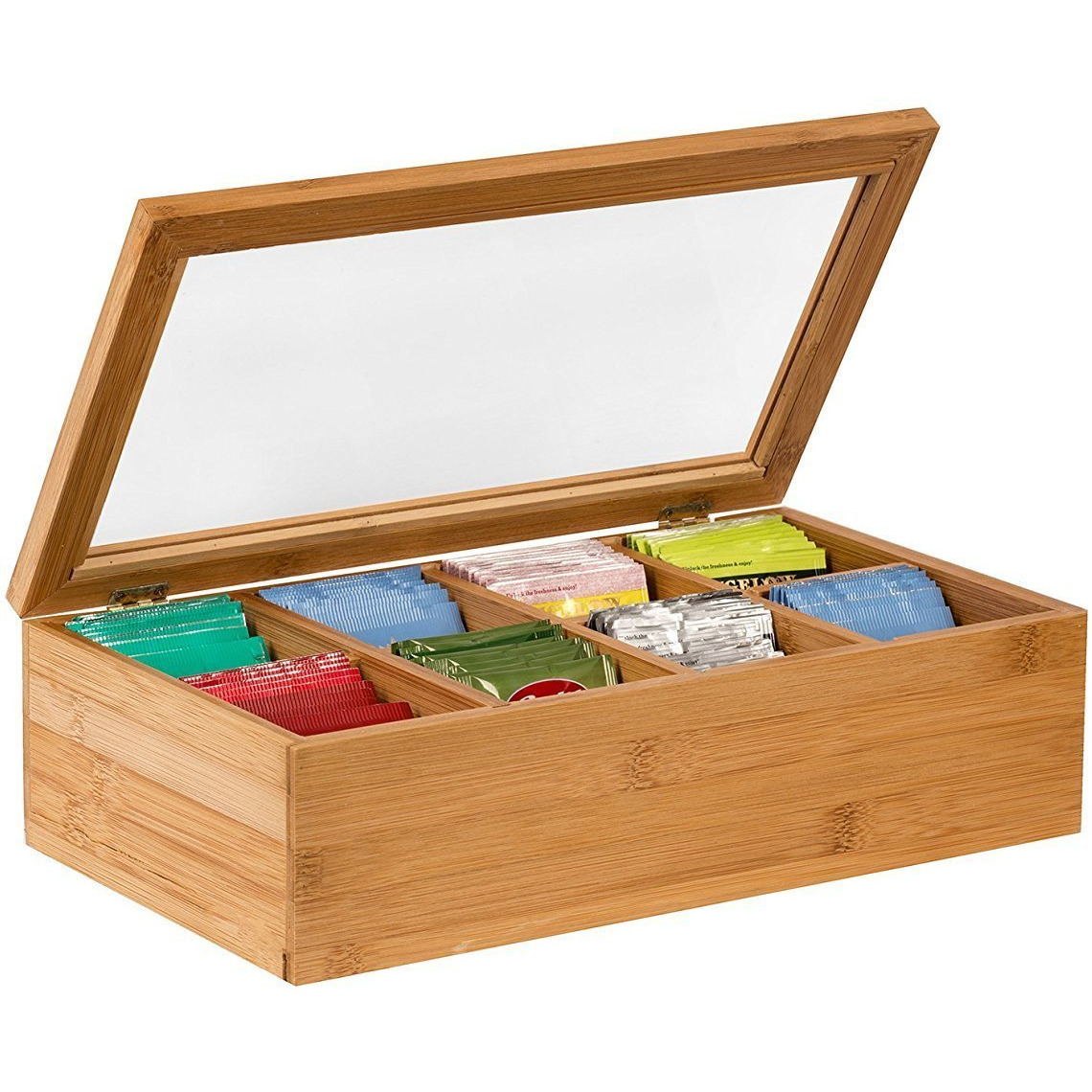 Winmaarc Tea Box Storage Natural Tea Chest Tea Bag Holder with Clear Hinged Lid