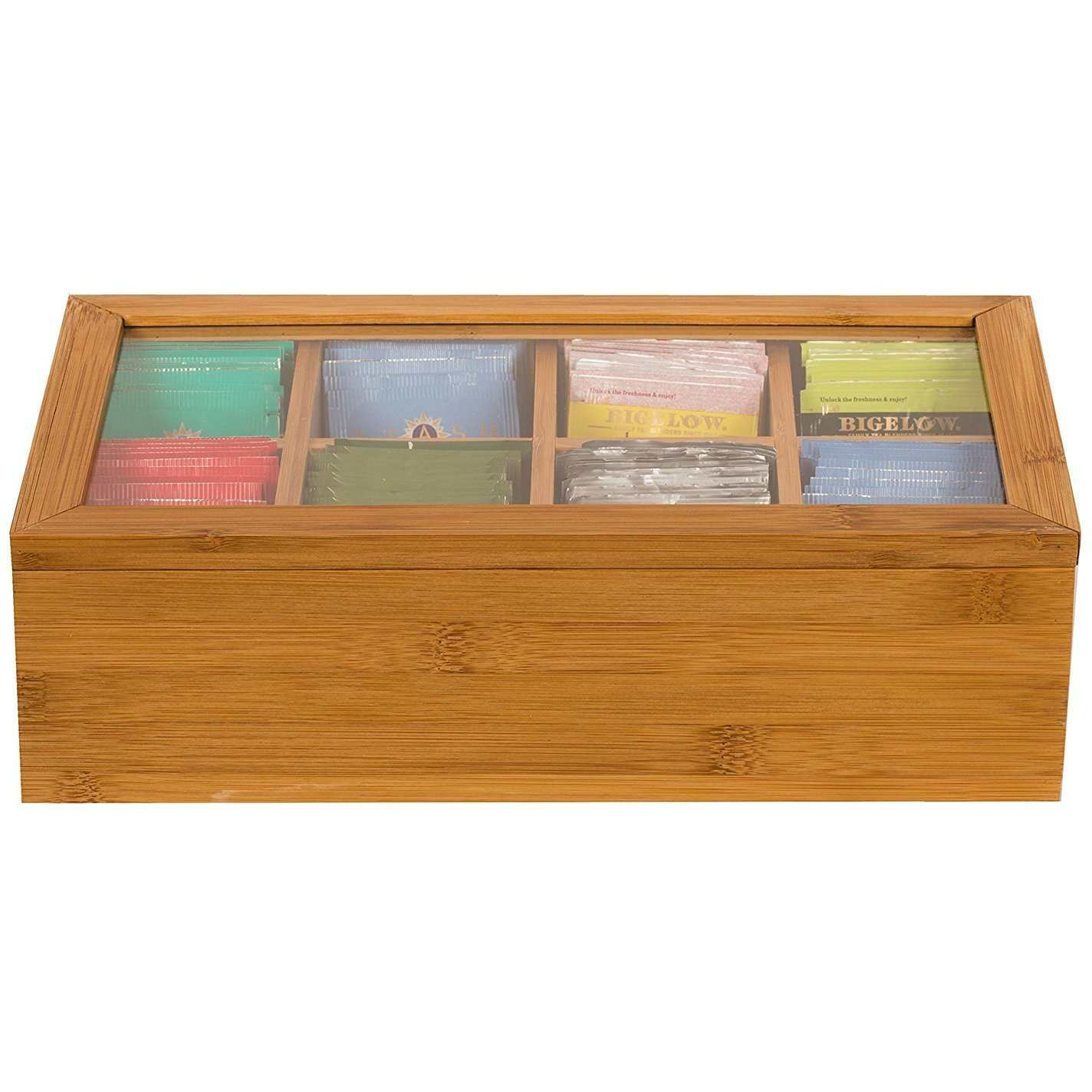 Winmaarc Tea Box Storage Natural Tea Chest Tea Bag Holder with Clear Hinged Lid