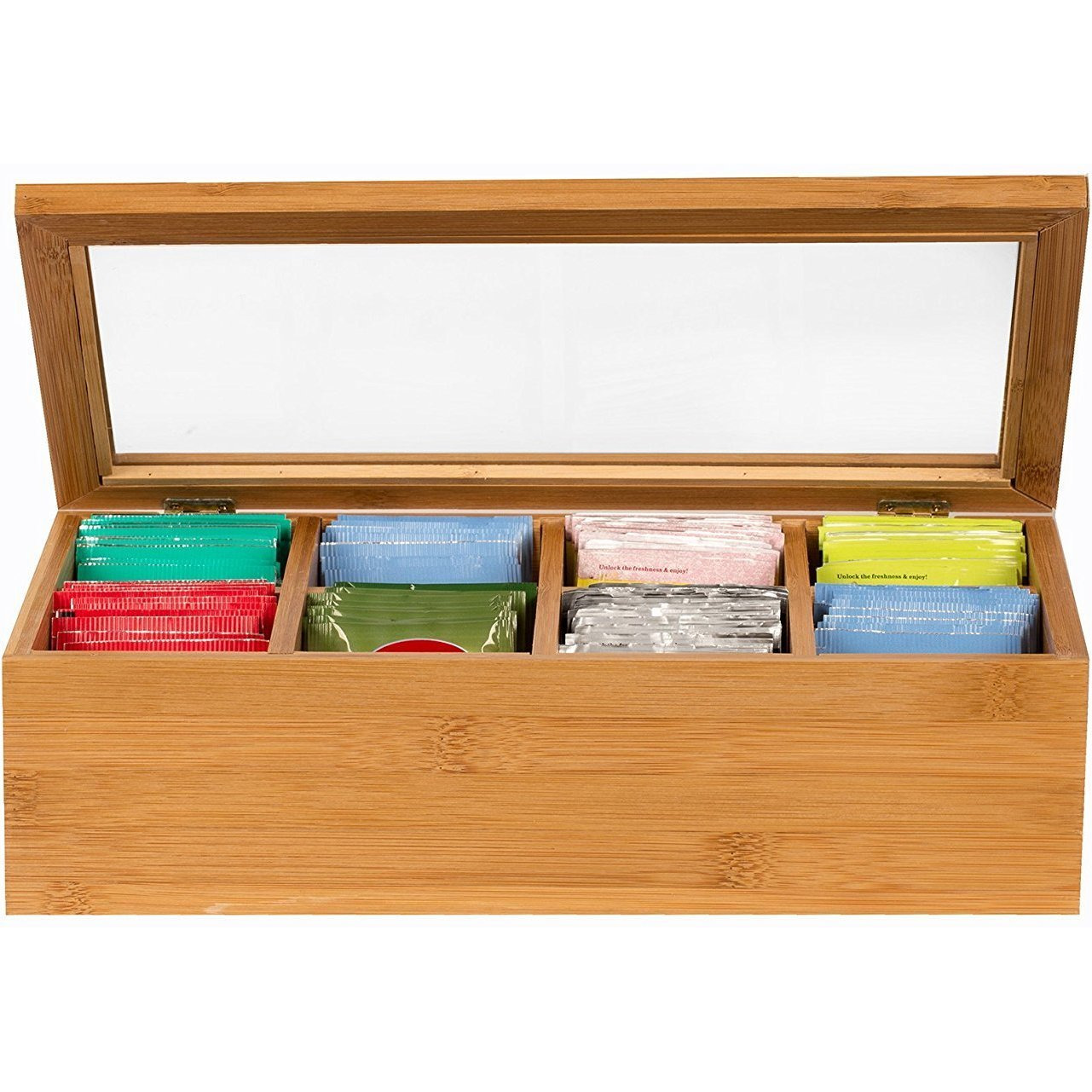 Winmaarc Tea Box Storage Natural Tea Chest Tea Bag Holder with Clear Hinged Lid