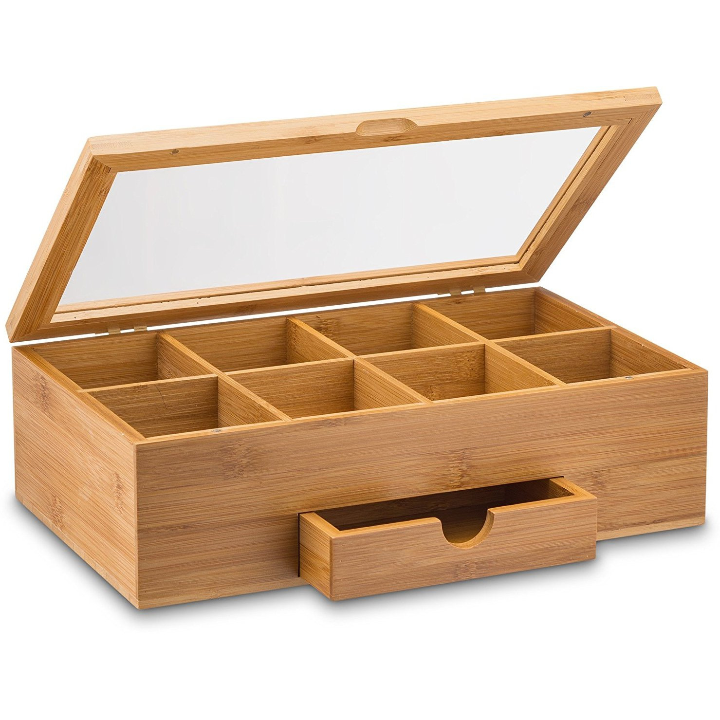 Winmaarc Tea Box Storage Natural Tea Chest Tea Bag Holder with Clear Hinged Lid