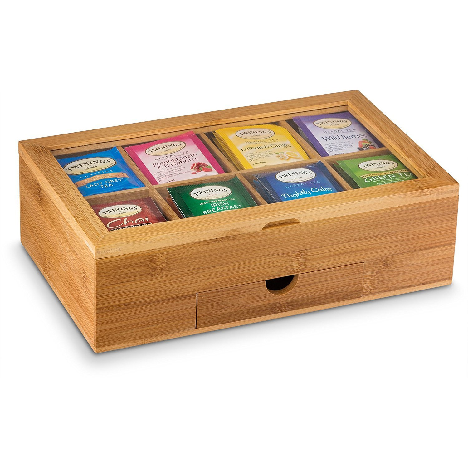 Winmaarc Tea Box Storage Natural Tea Chest Tea Bag Holder with Clear Hinged Lid