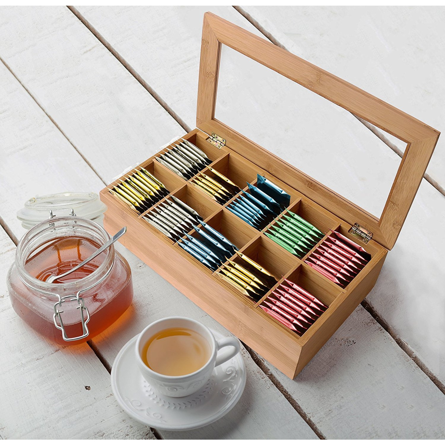 Winmaarc Handmade Steamwich Tea Storage Box with Clear Hinged Lid Tea Chest