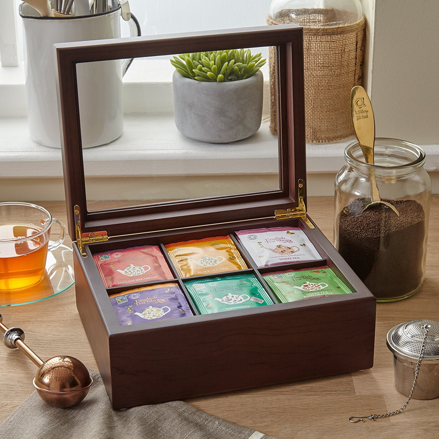 Winmaarc Wooden Tea Storage Chest 6 Adjustable Compartment Tea Bags Organizer
