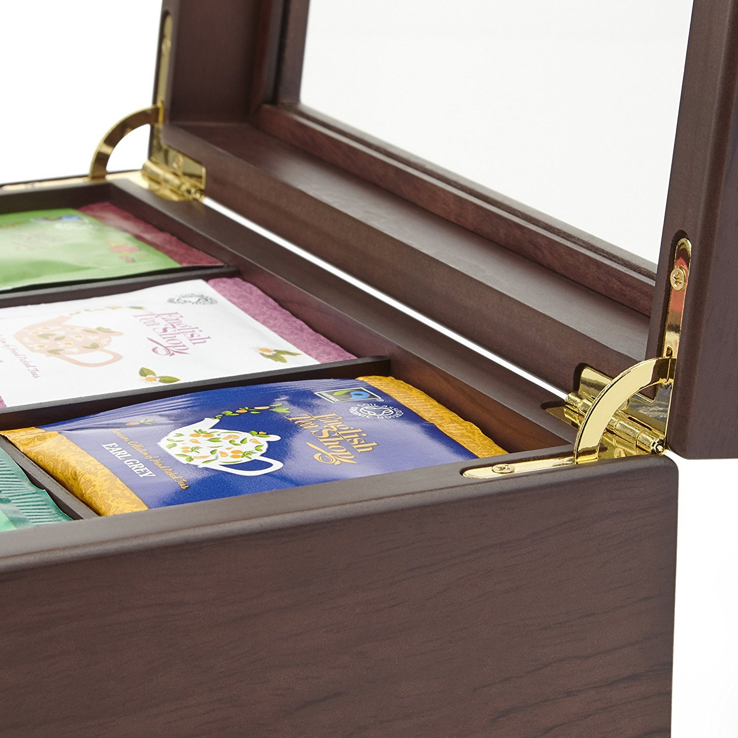 Winmaarc Wooden Tea Storage Chest 6 Adjustable Compartment Tea Bags Organizer
