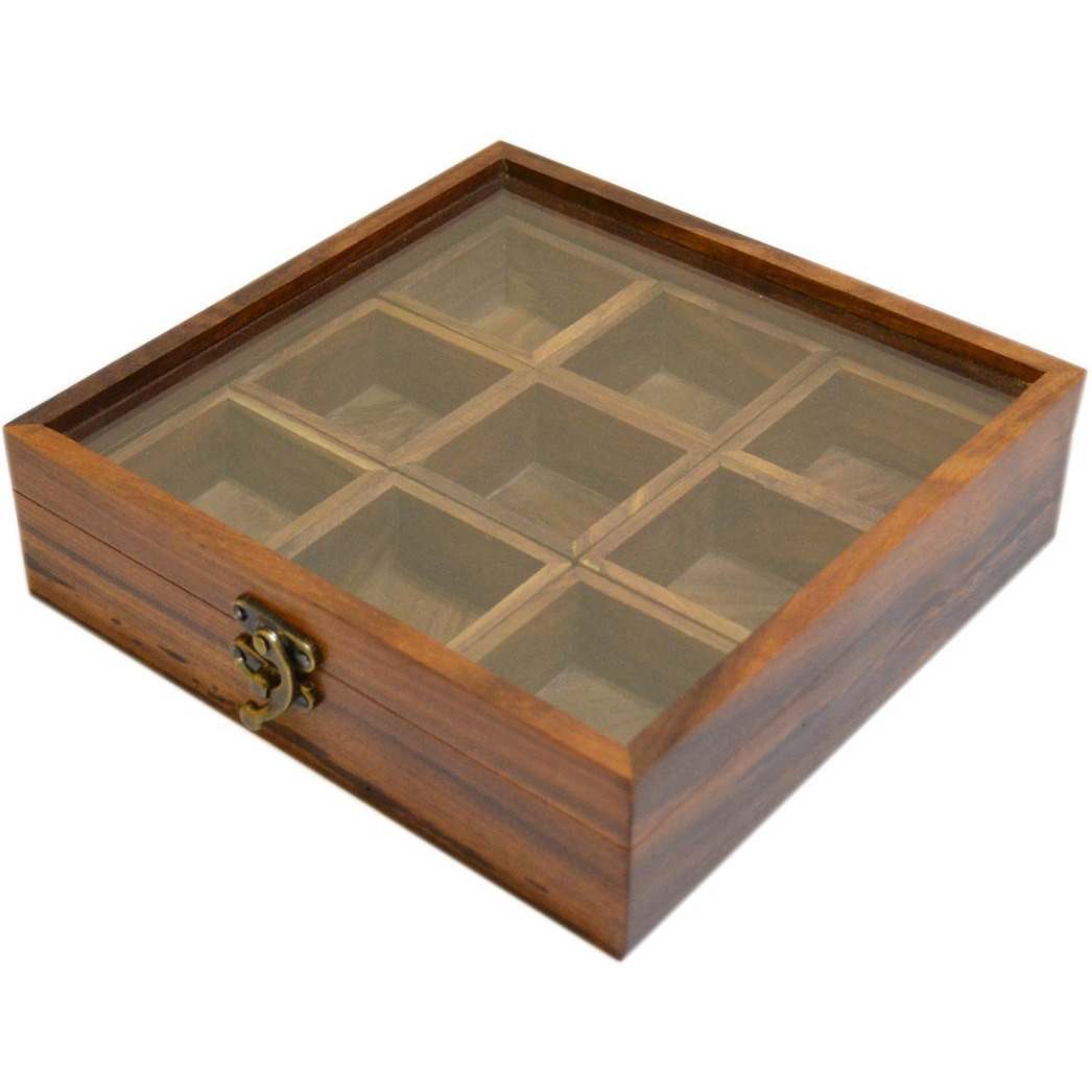 Winmaarc Handmade Wooden Spice box with Clear Hinged Lid Tea Masala Chest