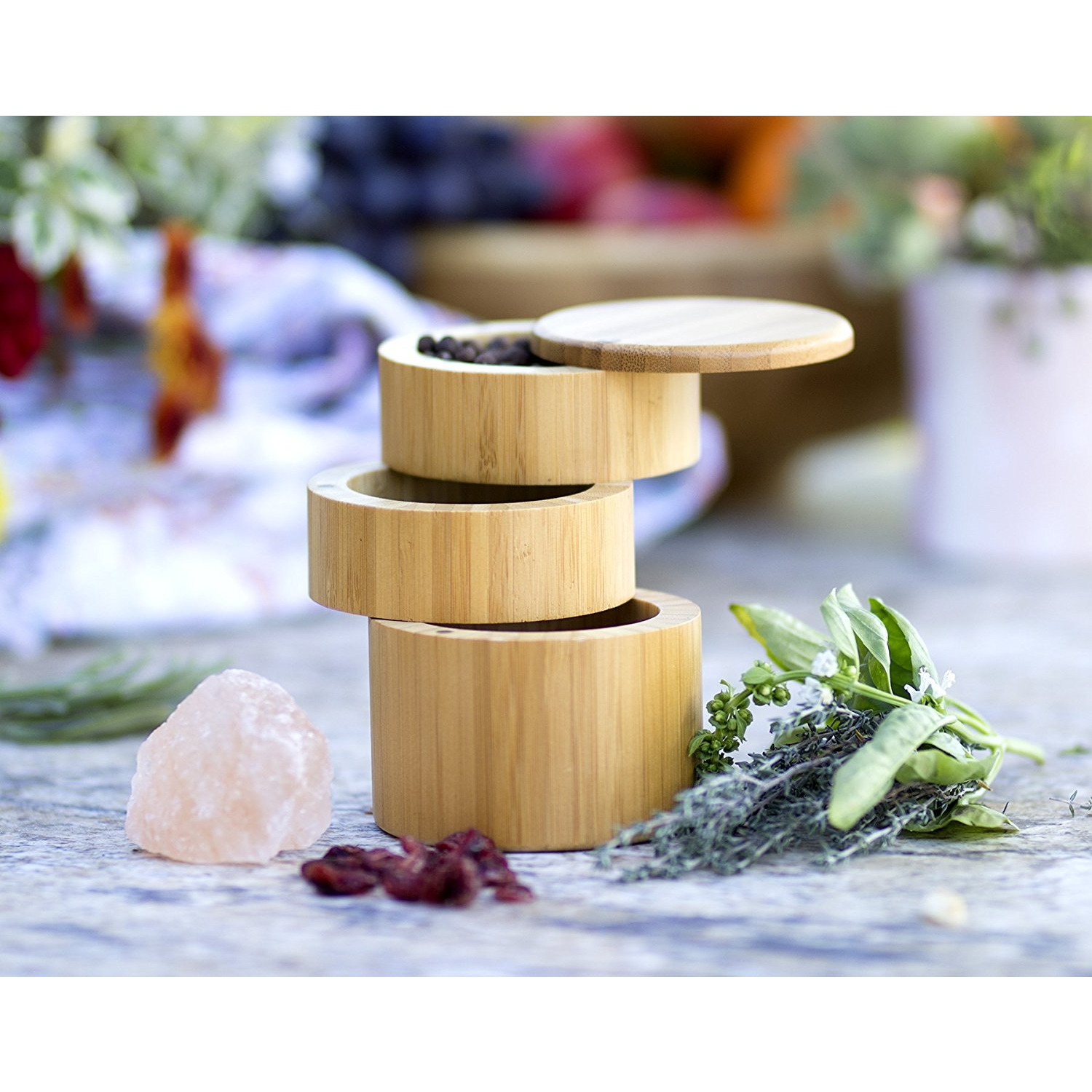 Winmaarc Wooden Triple Salt Box Container with Lid For Secure Strong Storage
