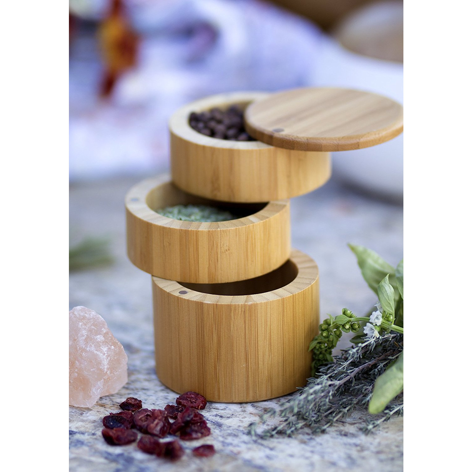 Winmaarc Wooden Triple Salt Box Container with Lid For Secure Strong Storage