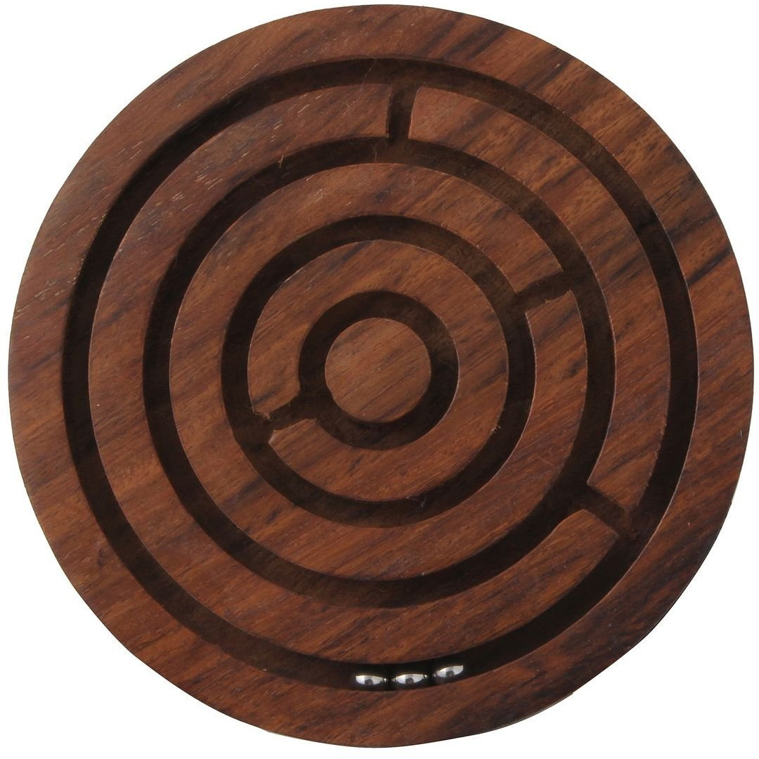Winmaarc Labyrinth Board Game Round Wooden 5 Inches Brown