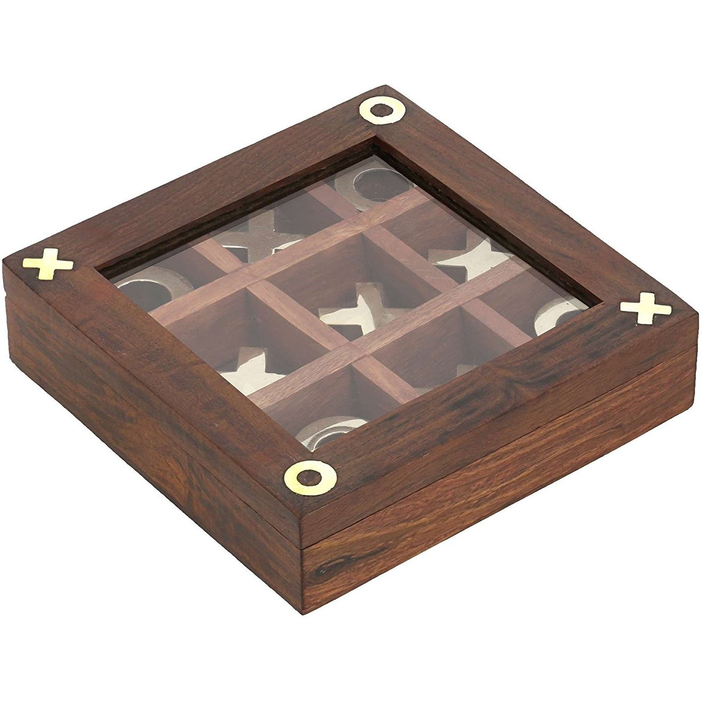 Winmaarc Handmade Brass and Wood Tic Tac Toe Game Noughts and Crosses Game