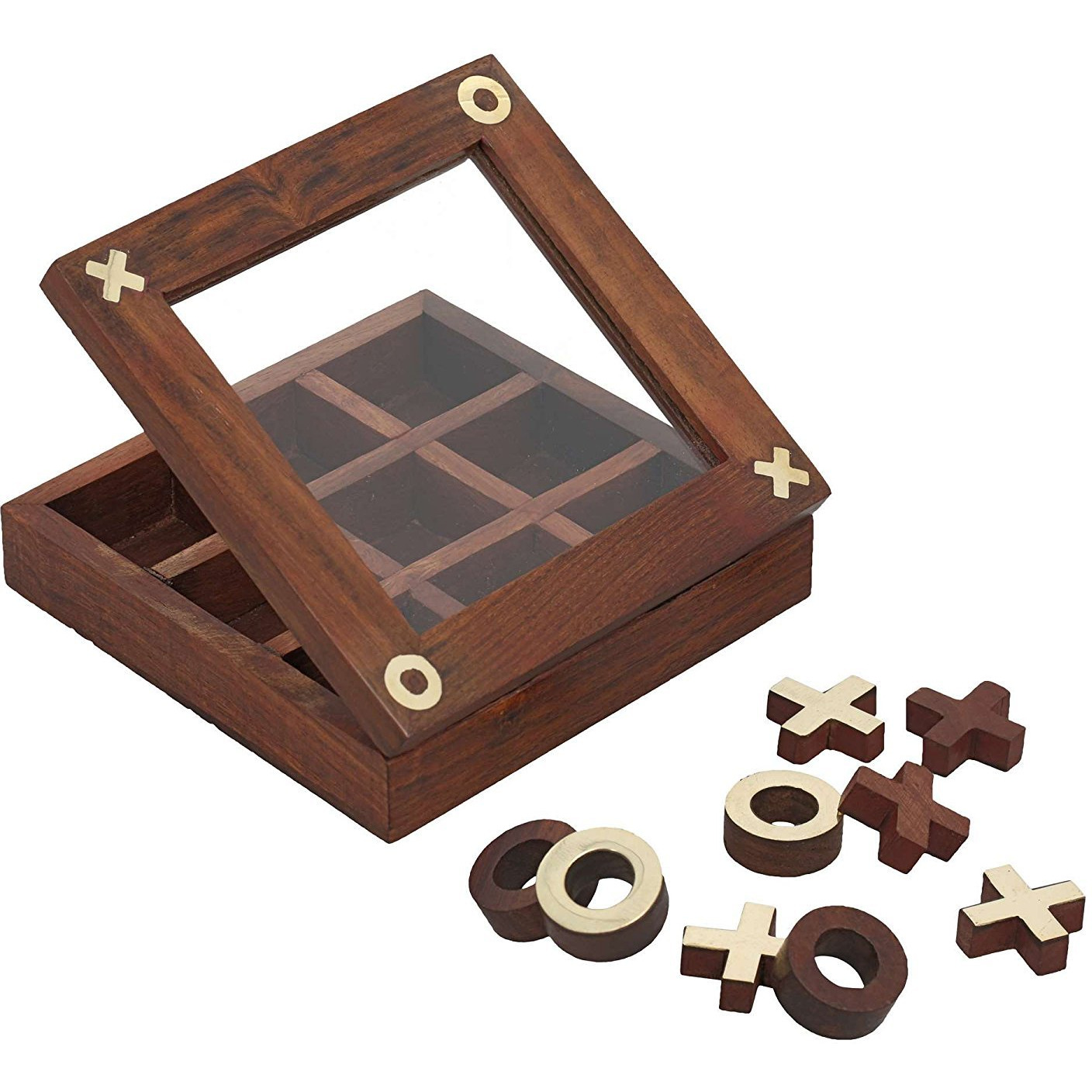 Winmaarc Handmade Brass and Wood Tic Tac Toe Game Noughts and Crosses Game