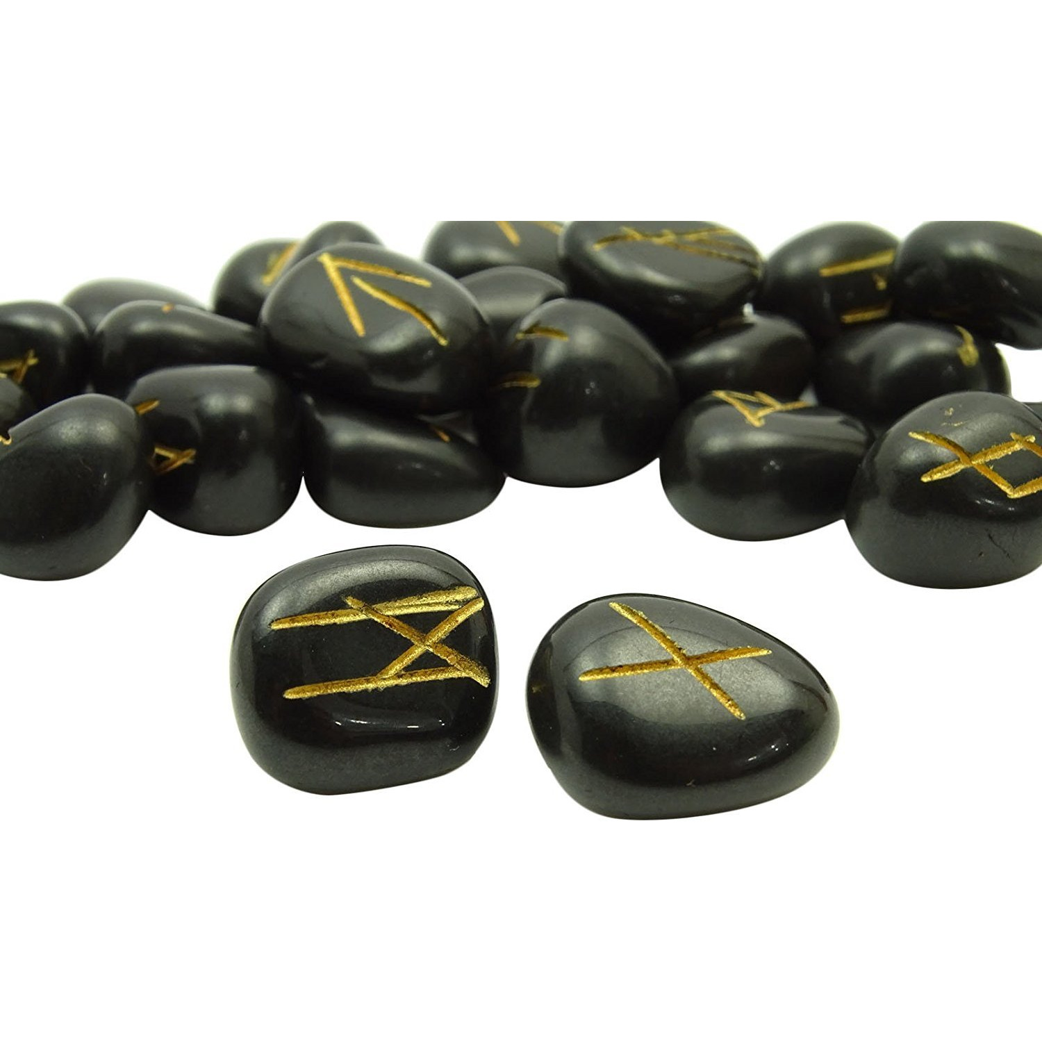 Winmaarc Natural Gemstone Runes Set Polished Stone Engraved Symbol 25pcs Set Crystal Chakra Healling (Black Agate)