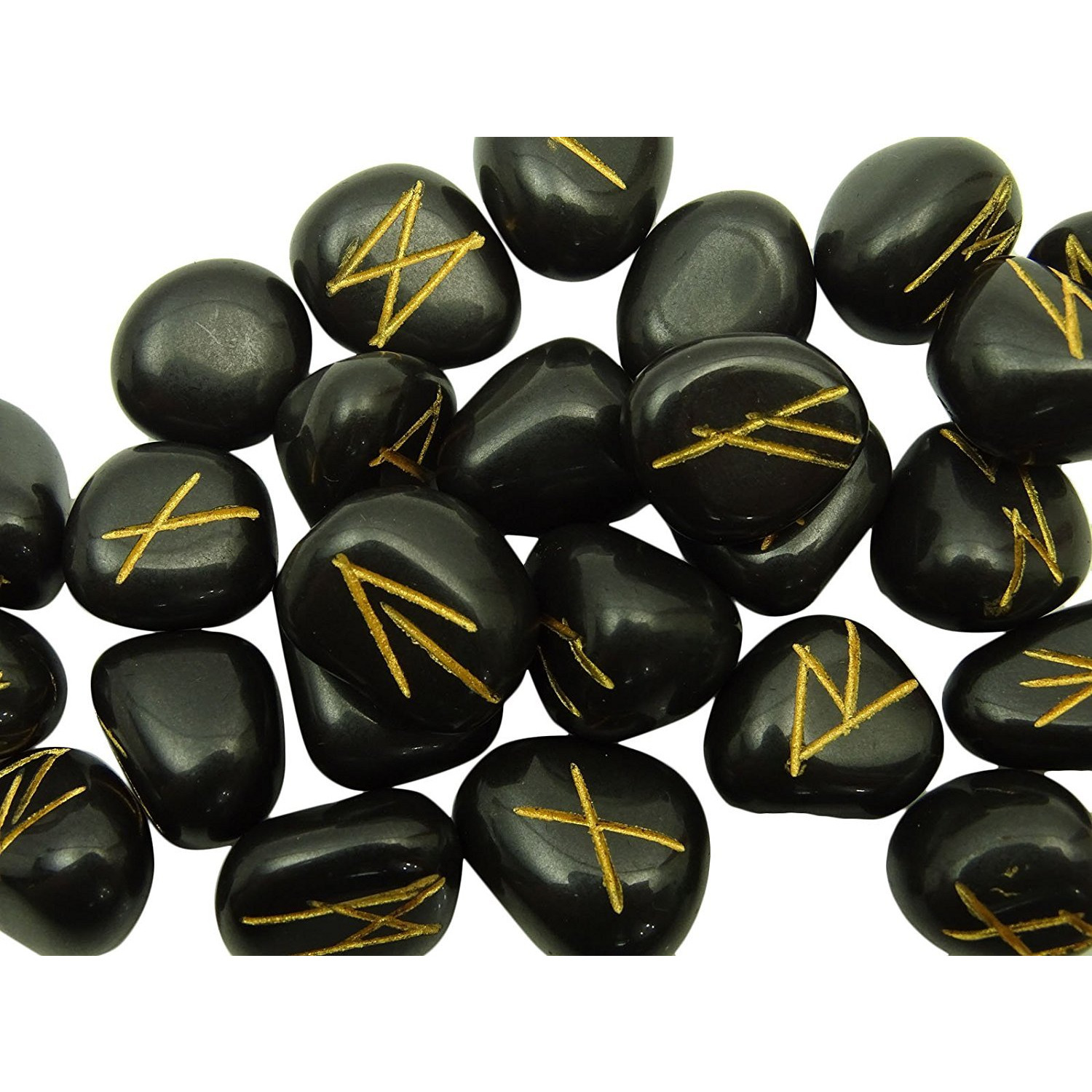 Winmaarc Natural Gemstone Runes Set Polished Stone Engraved Symbol 25pcs Set Crystal Chakra Healling (Black Agate)