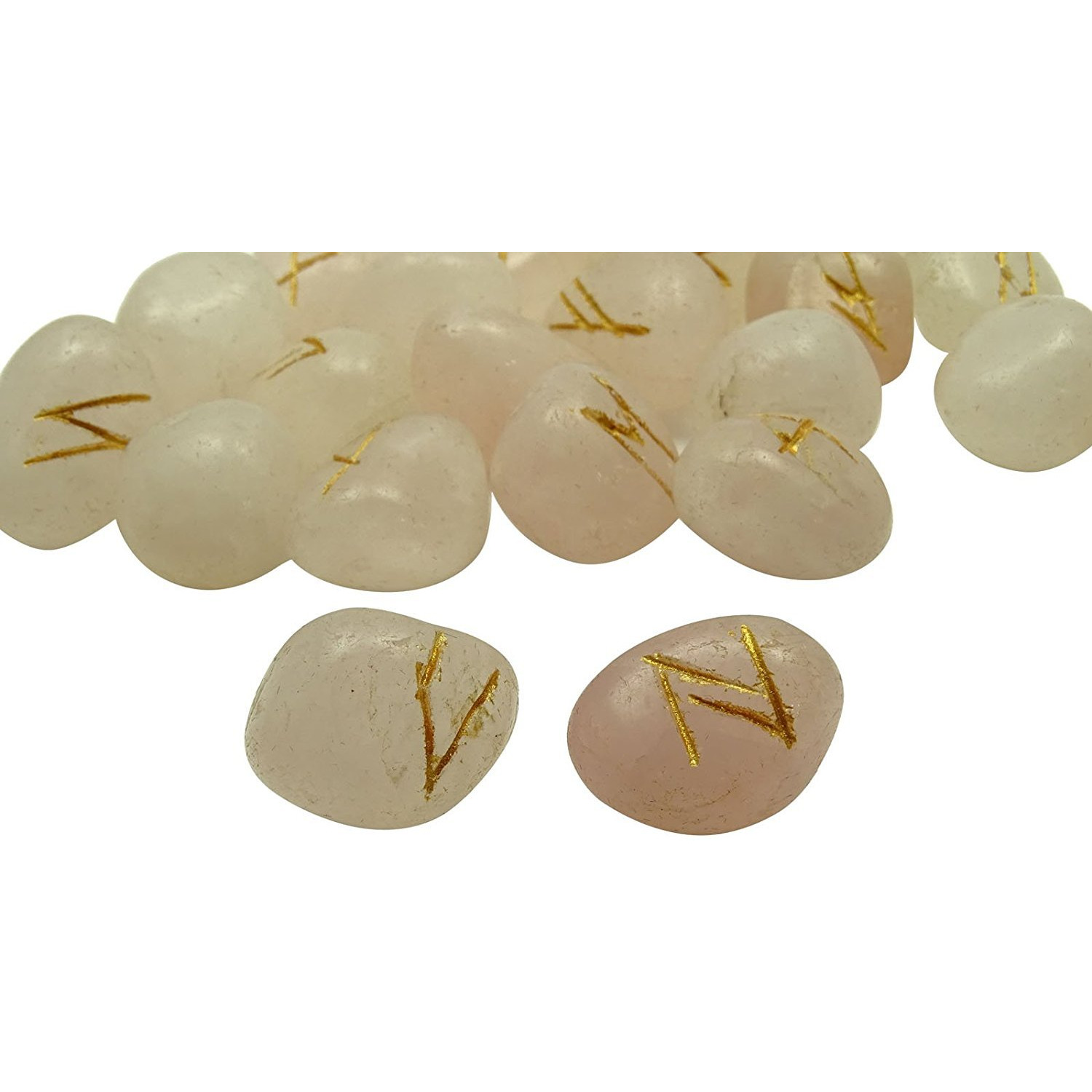 Winmaarc Natural Gemstone Runes Set Polished Stone Engraved Symbol 25pcs Set Crystal Chakra Healling (Rose Quartz)