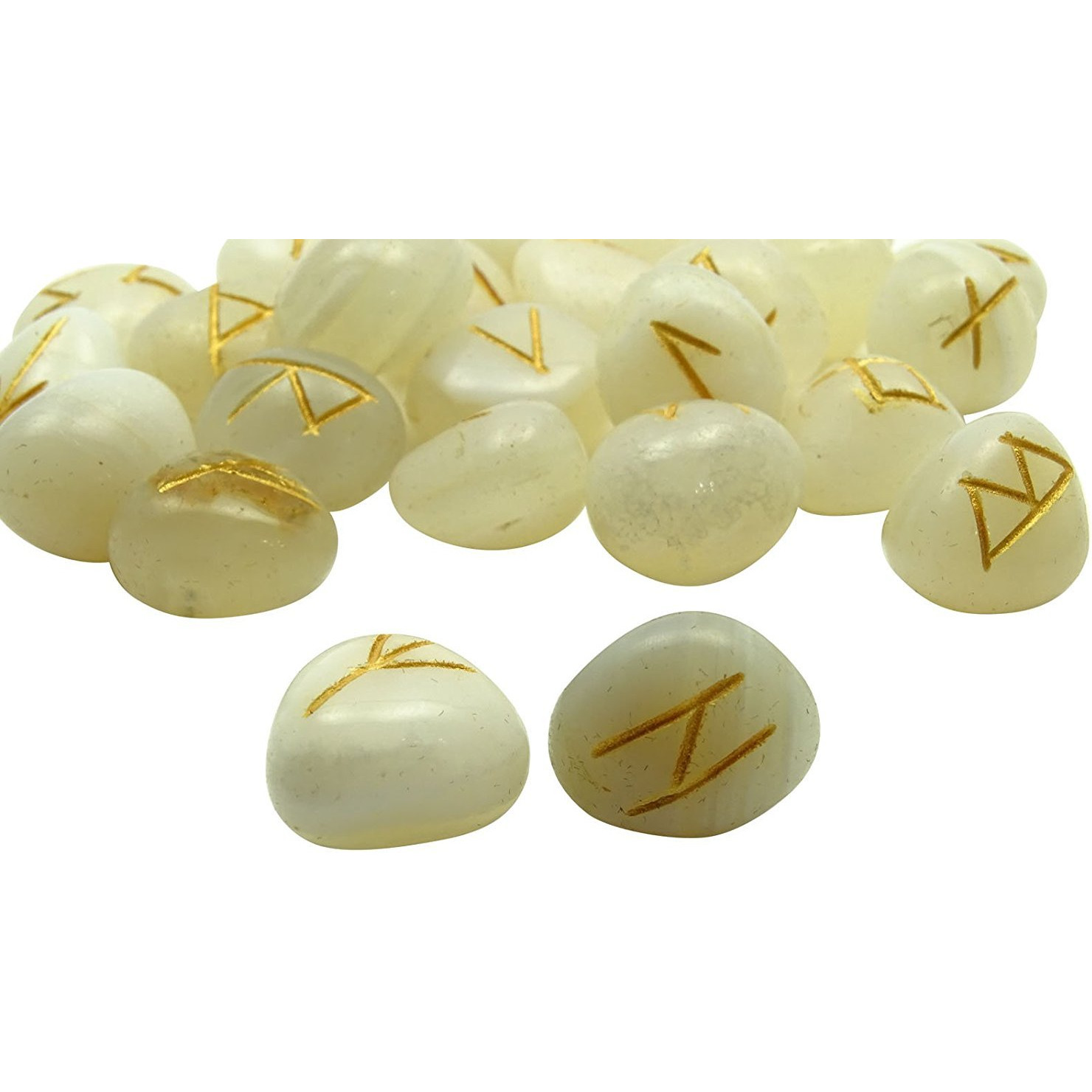 Winmaarc Natural Gemstone Runes Set Polished Stone Engraved Symbol 25pcs Set Crystal Chakra Healling (White Agate)