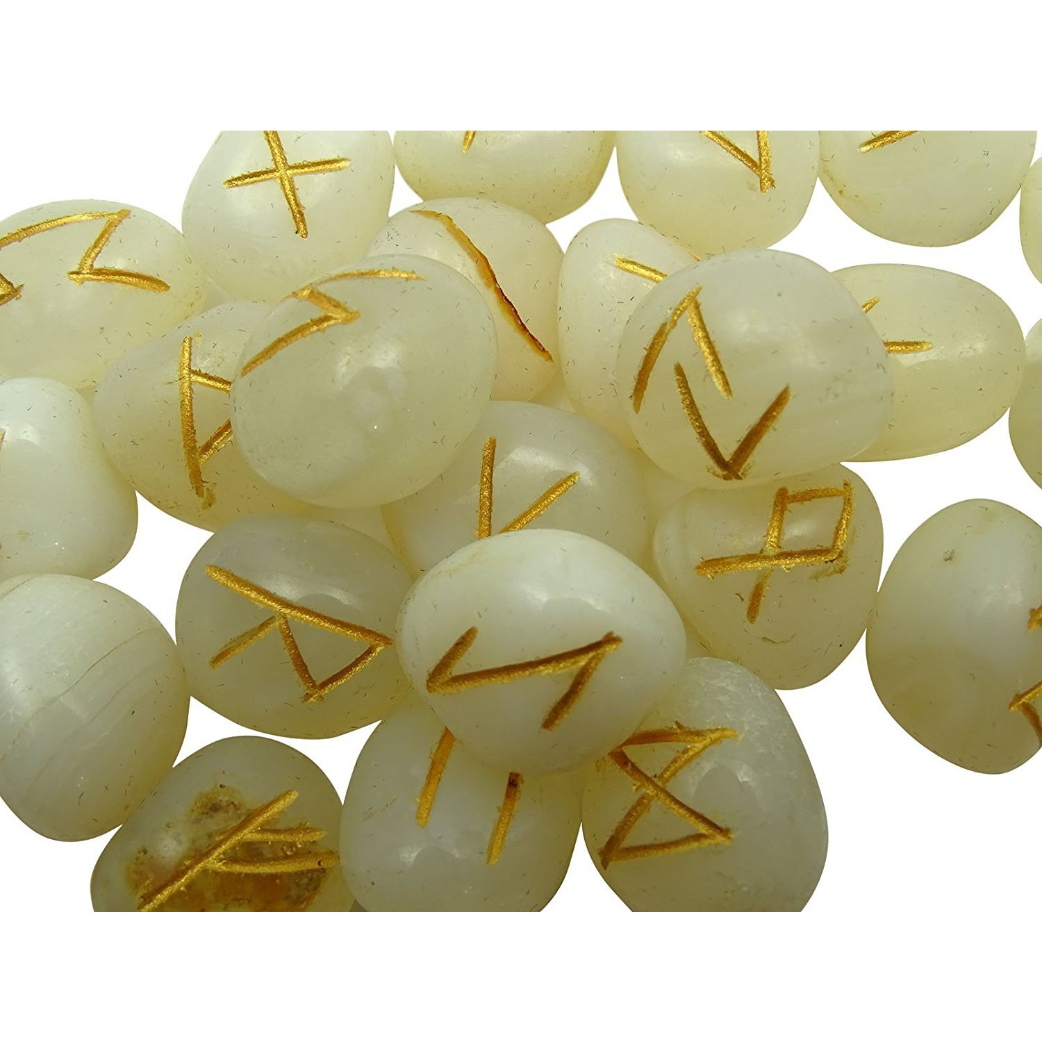Winmaarc Natural Gemstone Runes Set Polished Stone Engraved Symbol 25pcs Set Crystal Chakra Healling (White Agate)