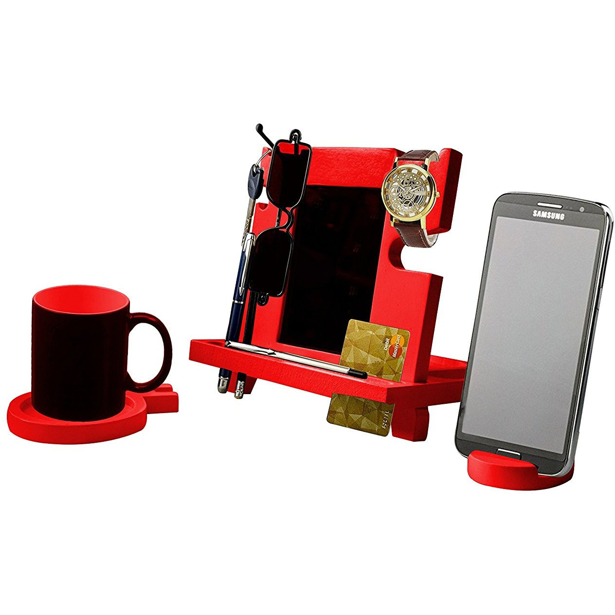 Winmaarc Wooden Docking Station, Desk organizer For Smartphone, Tablet, Watch, Wallet, Shades, Keys Coins, Handmade Mens Christmas Gift
