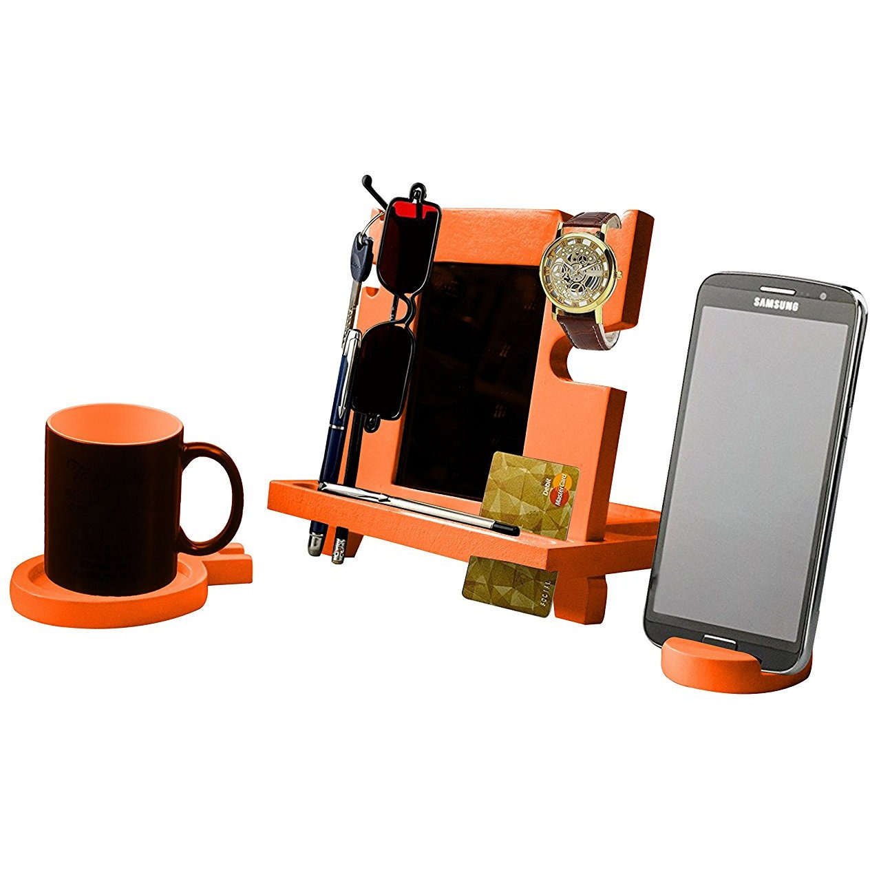 Winmaarc Wooden Docking Station, Desk organizer For Smartphone, Tablet, Watch, Wallet, Shades, Keys Coins, Handmade Mens Christmas Gift