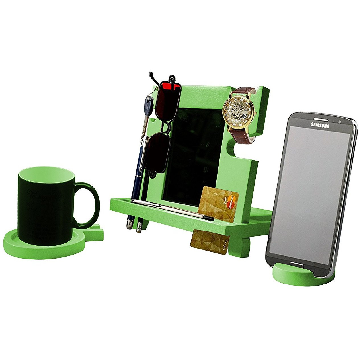 Winmaarc Wooden Docking Station, Desk organizer For Smartphone, Tablet, Watch, Wallet, Shades, Keys Coins, Handmade Mens Christmas Gift