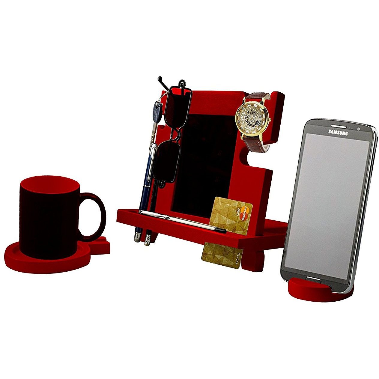 Winmaarc Wooden Docking Station, Desk organizer For Smartphone, Tablet, Watch, Wallet, Shades, Keys Coins, Handmade Mens Christmas Gift