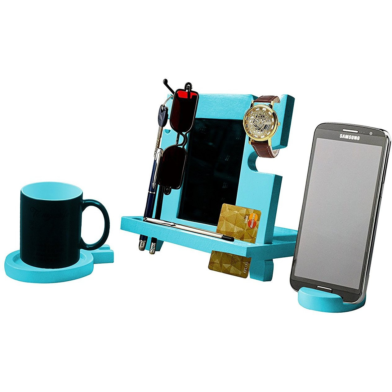 Winmaarc Wooden Docking Station, Desk organizer For Smartphone, Tablet, Watch, Wallet, Shades, Keys Coins, Handmade Mens Christmas Gift