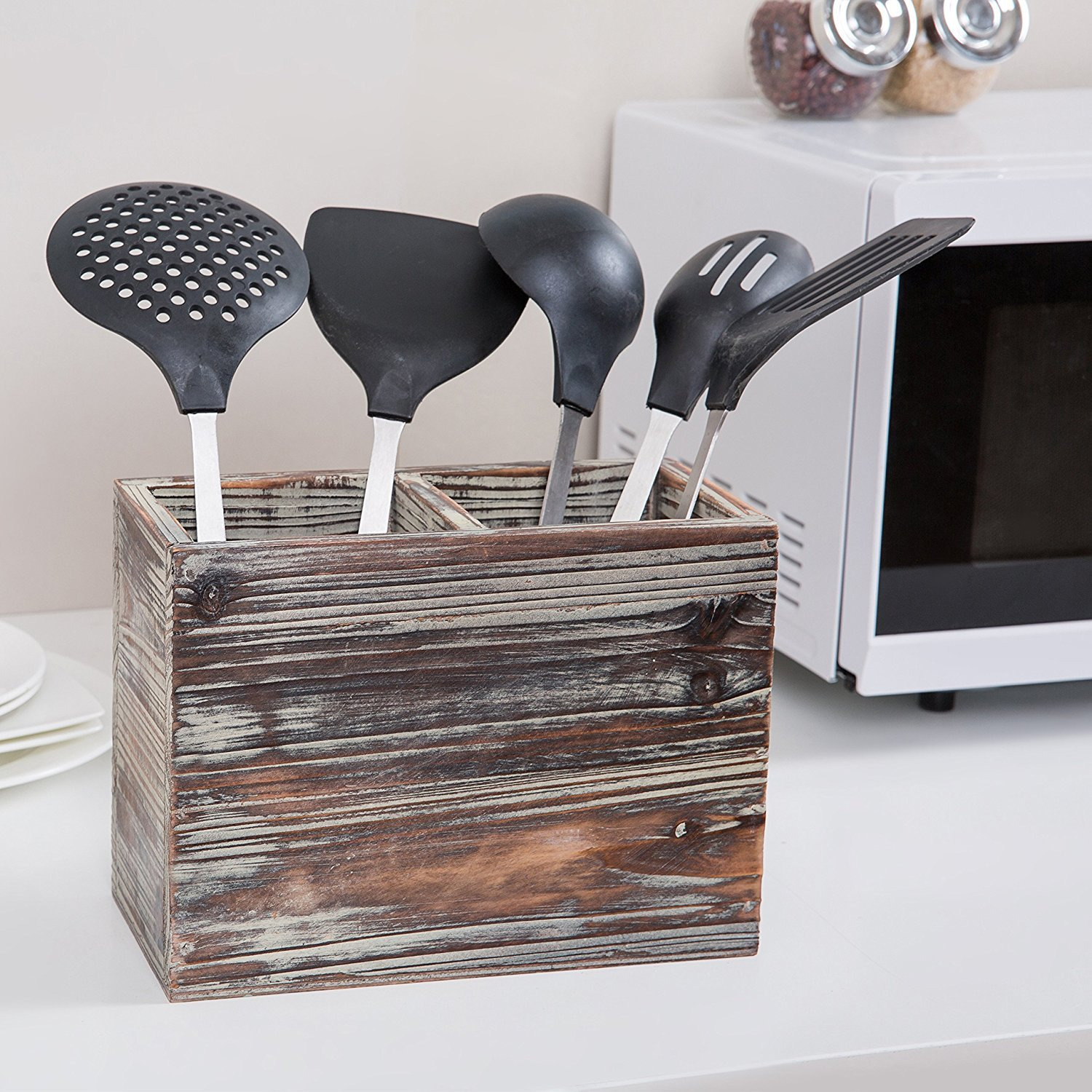 Winmaarc Wood Kitchen Dining Utensil Organizer Caddy with Napkin Holder 4 Compartment