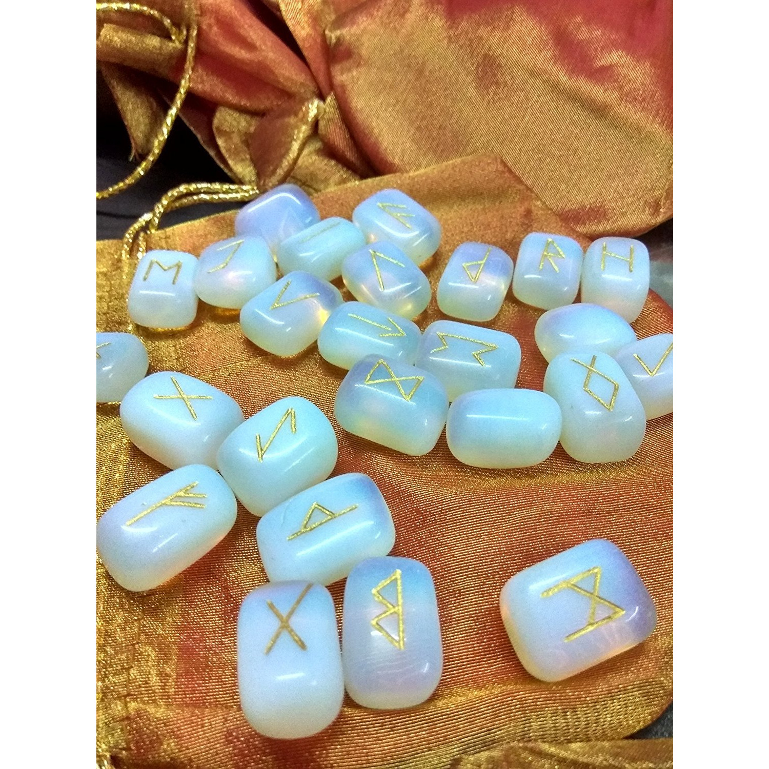 Winmaarc Opalite Rune Stones Tumbled Engraved Lettering Crystal Set Healing Chakra Reiki