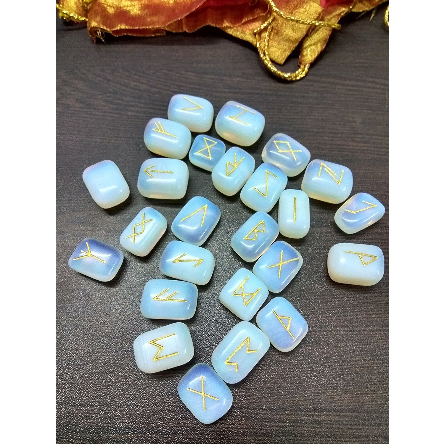Winmaarc Opalite Rune Stones Tumbled Engraved Lettering Crystal Set Healing Chakra Reiki