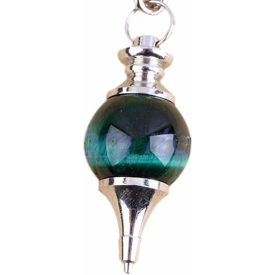 Winmaarc Gemstone Pendulum Dowsing Divitation Reiki Round Sphere Chain Green Tigers Eye