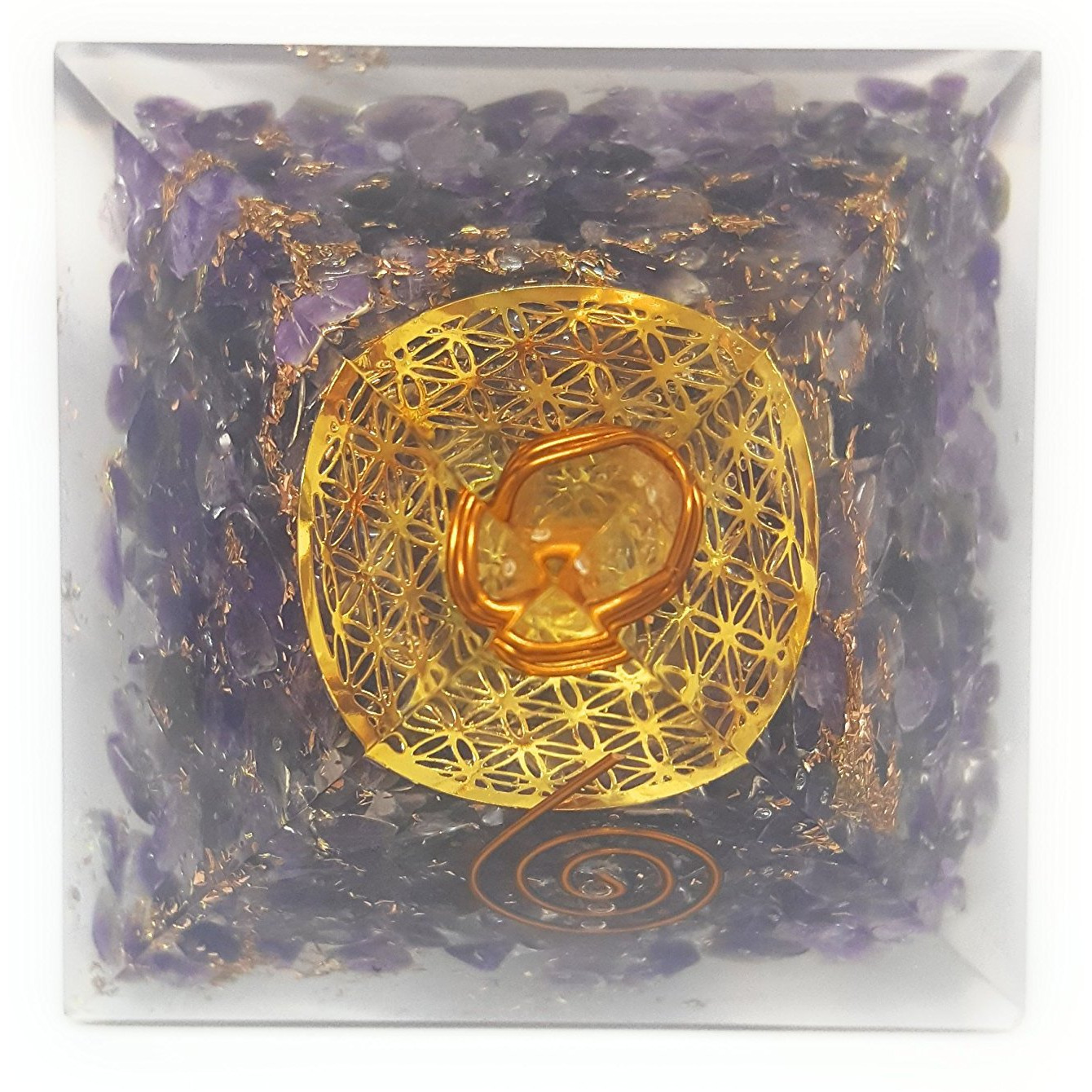 Winmaarc Amethyst Orgone Pyramid The Flower Of Life Symbol Orgonite Energy Generator Stone