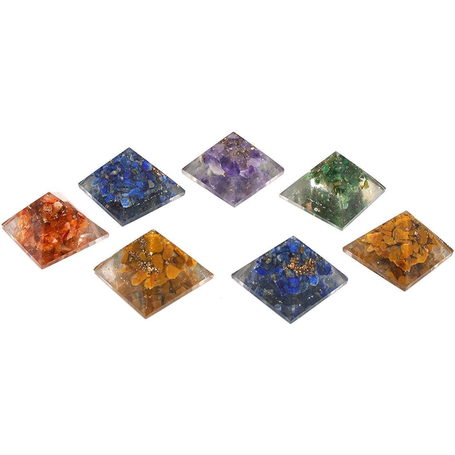 Winmaarc Natural Gemstone Filled Chakra Orgone Pyramid Set Reiki Crystals Healing 7 pc Set