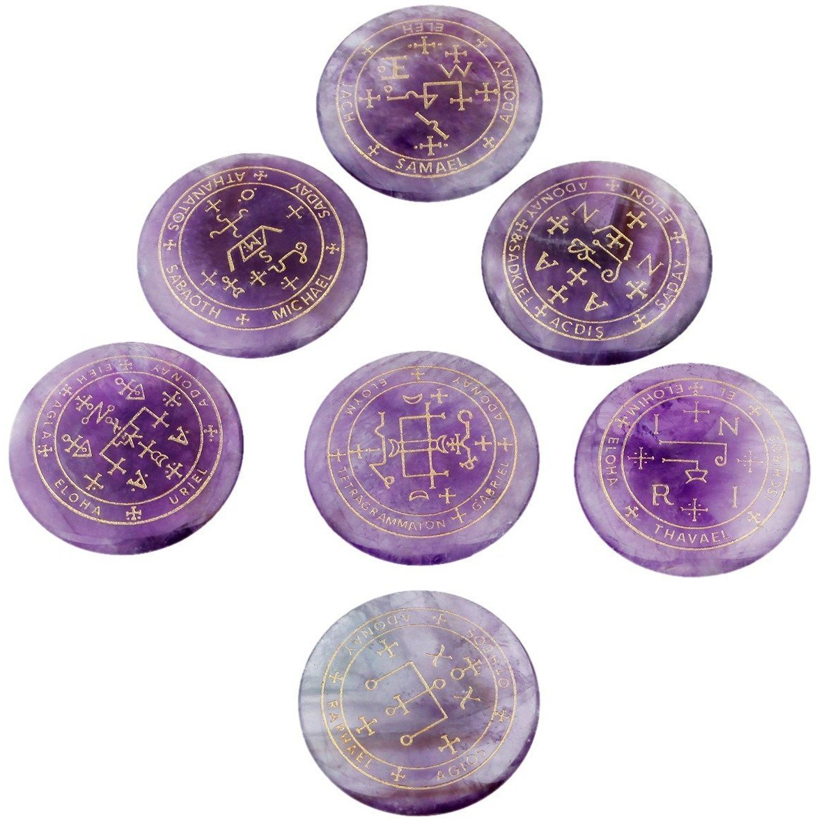 Winmaarc Healing Crystal 7 pcs Engraved Magic Circle Spiritual Powers Round Palm Stones Reiki Balancing