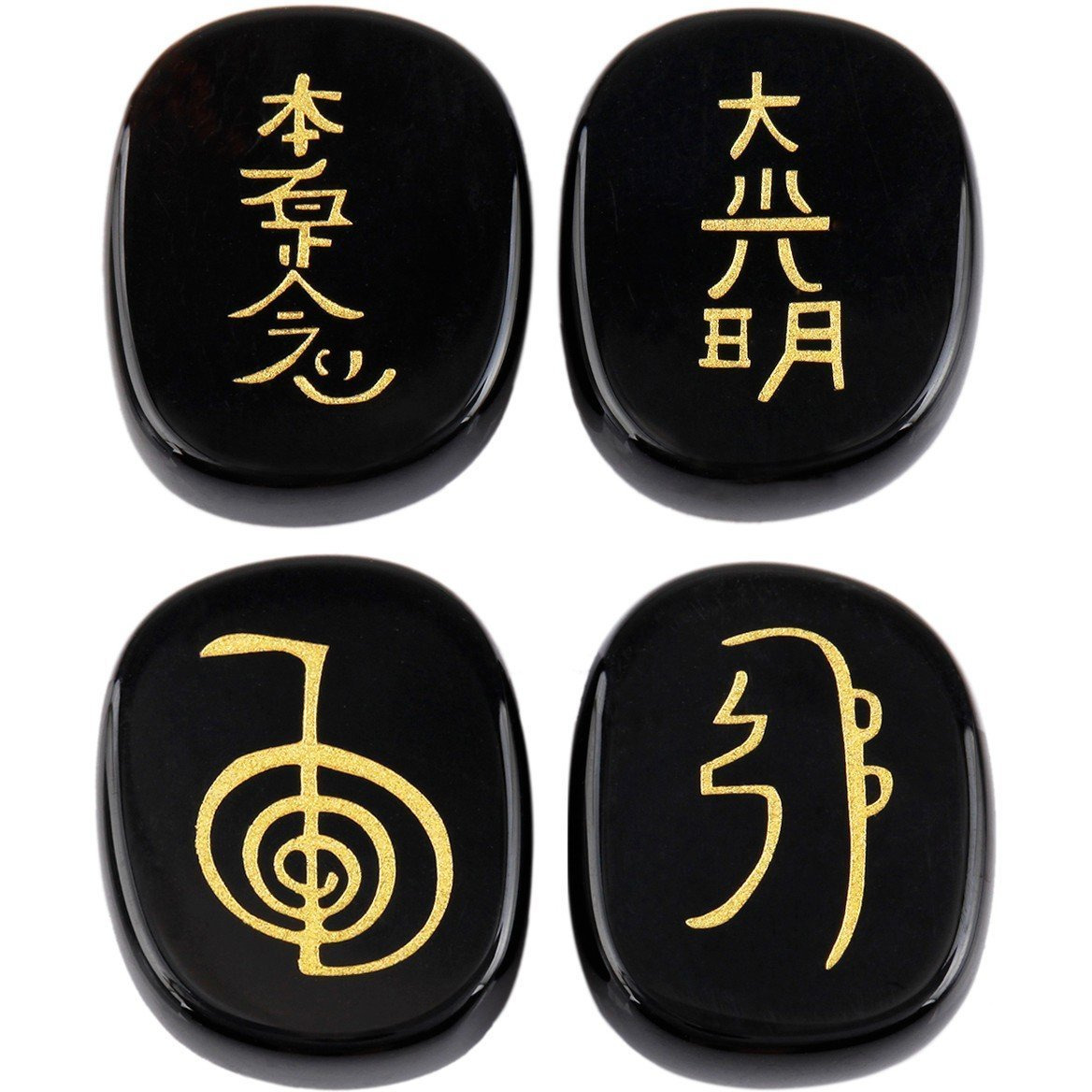 Winmaarc Healing Crystal Black Agate 4 pcs Engraved Chakra Stones Palm Stone Reiki Balancing
