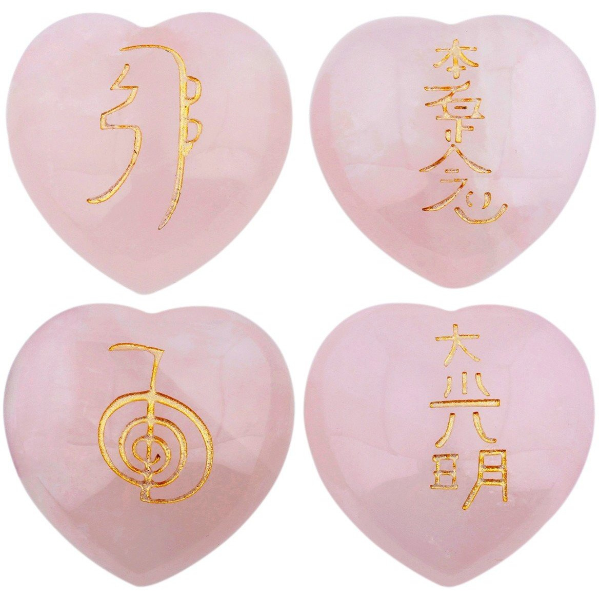 Winmaarc Healing Crystal Rose Quartz Heart Shape 4 pcs Engraved Chakra Stones Palm Stone Reiki Balancing