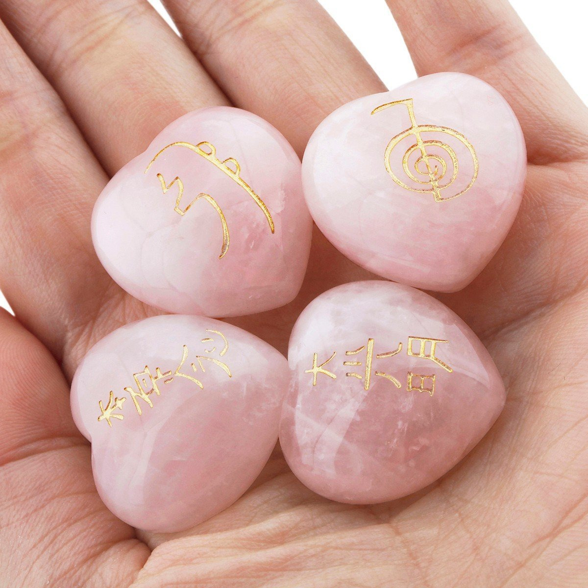 Winmaarc Healing Crystal Rose Quartz Heart Shape 4 pcs Engraved Chakra Stones Palm Stone Reiki Balancing