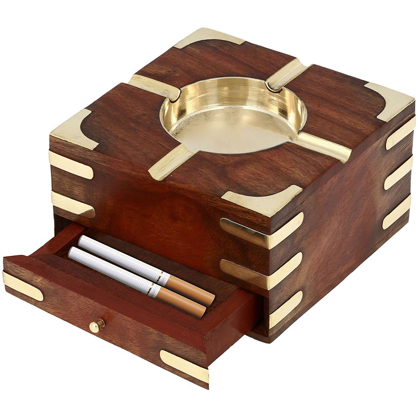 Winmaarc Large Decorative Wooden Ashtray with Cigarette Storage Case Box