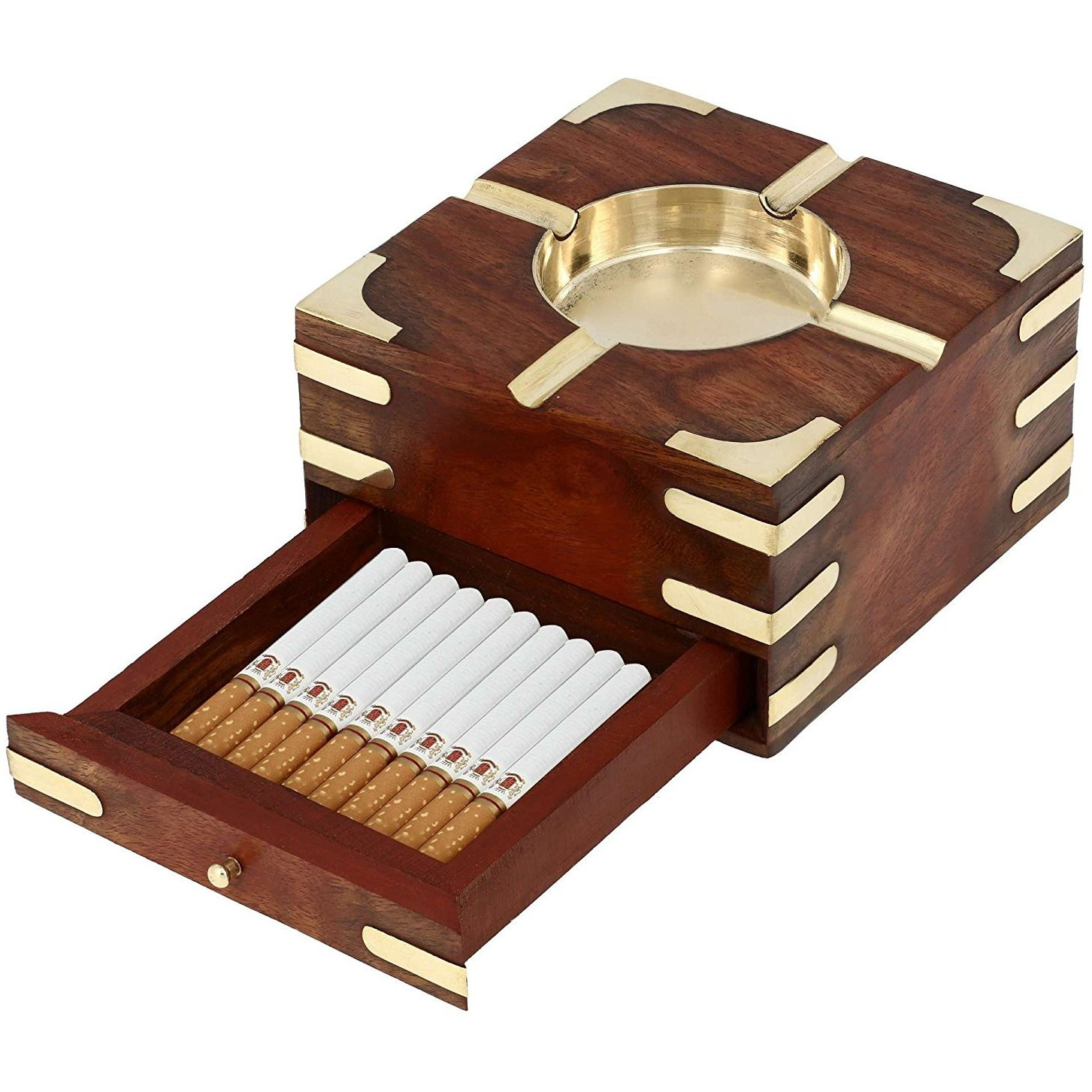 Winmaarc Large Decorative Wooden Ashtray with Cigarette Storage Case Box