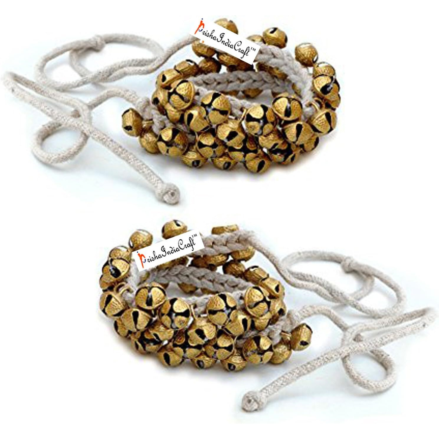 Prisha India Craft Kathak Ghungroo Pair, (25+25) (12 No. Ghungroo) Bells Tied with Cotton Cord Indian Classical Dancers Anklet Musical Instrument