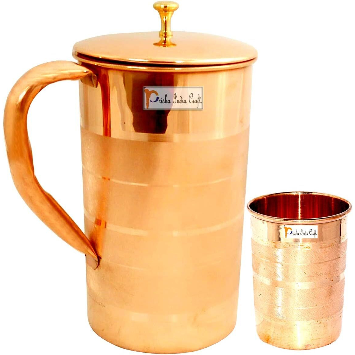 Rastogi Handicrafts Set of 2 Water Glasses and a Jug with lid, Pure Copper Drink ware Accessories Ayurveda Healing, Capacity 1.6 Litre